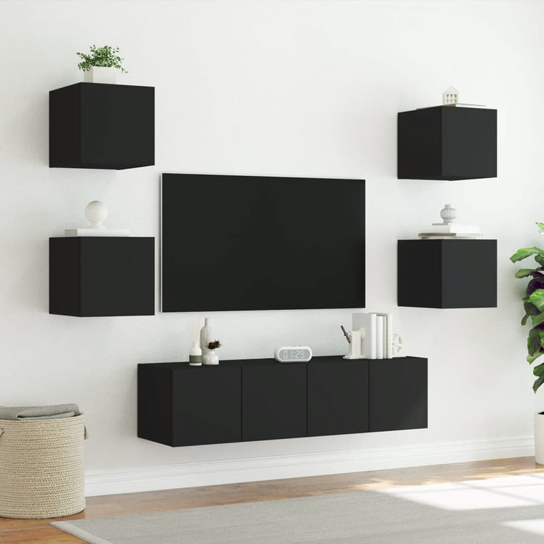 6-delige Tv-wandmeubelset met LED bewerkt hout zwart