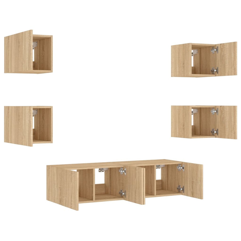 6-delige Tv-wandmeubelset met LED bewerkt hout sonoma eiken