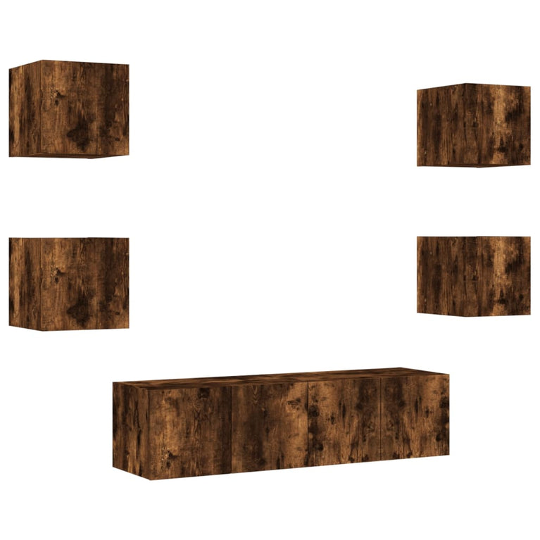6-delige tv-wandmeubelset met LED bewerkt hout gerookt eiken
