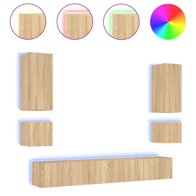 6-delige Tv-wandmeubelset met LED-verlichting sonoma eikenkleur