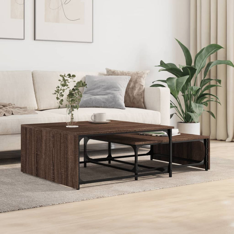 2-delige Salontafelset bewerkt hout en metaal bruineikenkleurig