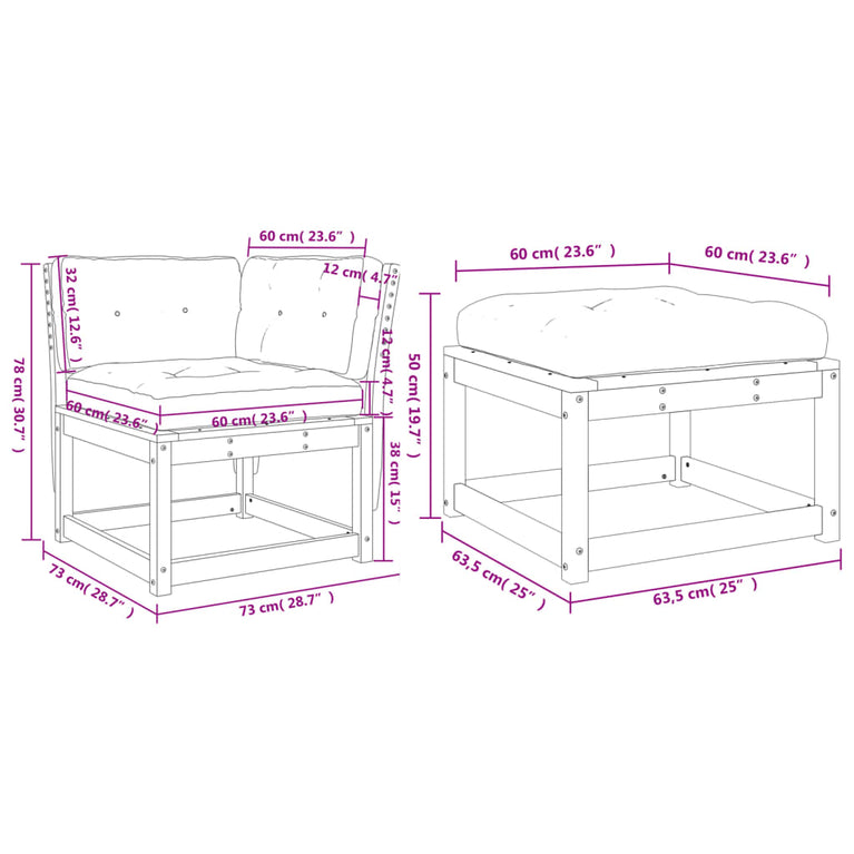 3-delige Loungeset met kussens massief grenenhout wit