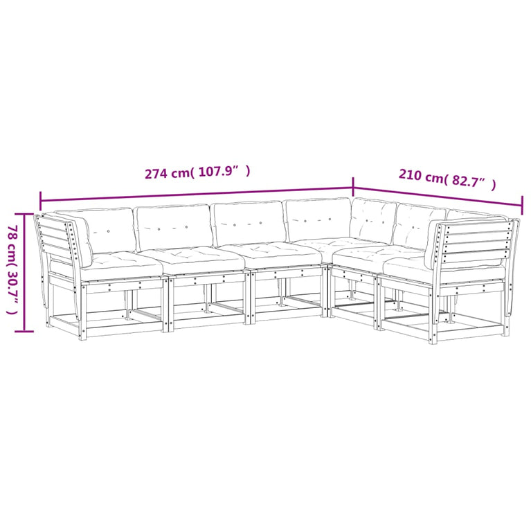 6-delige Loungeset met kussens massief grenenhout