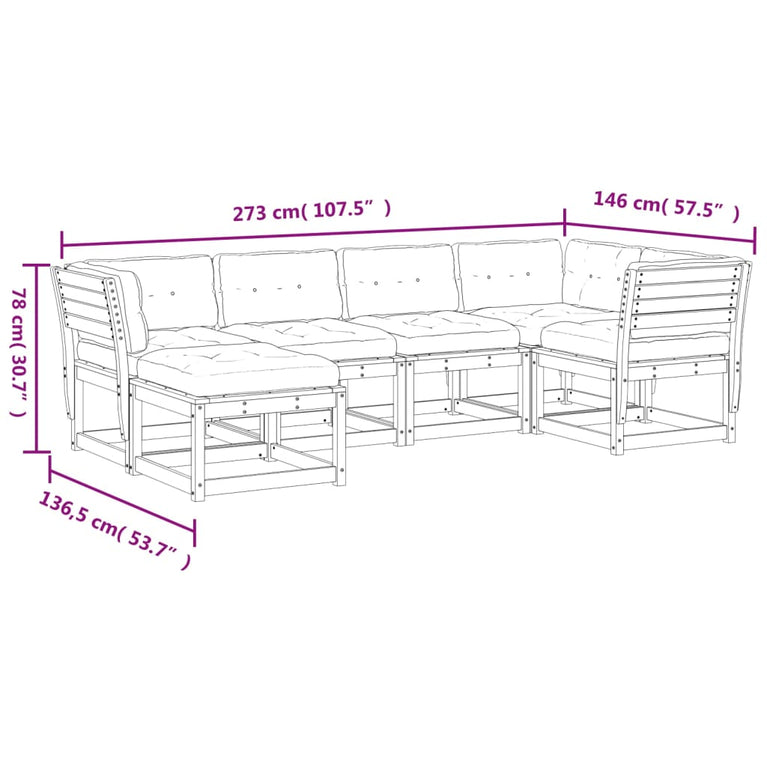 6-delige Loungeset met kussens massief grenenhout