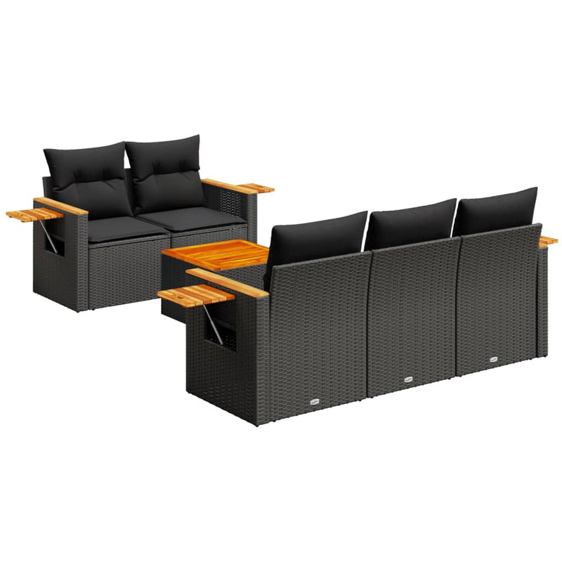 6-delige Loungeset met kussens poly rattan zwart
