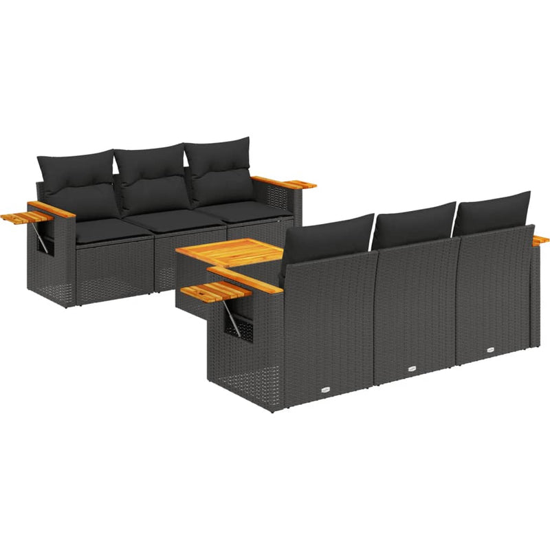 7-delige Loungeset met kussens poly rattan zwart