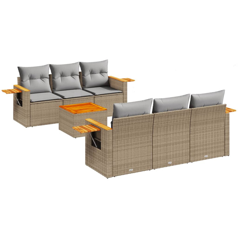 7-delige Loungeset met kussens poly rattan beige