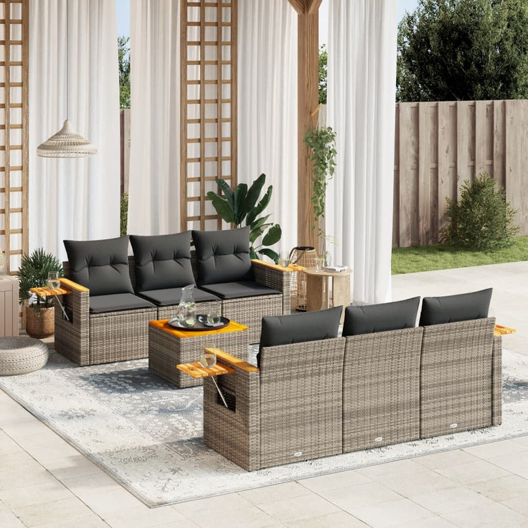 7-delige Loungeset met kussens poly rattan grijs