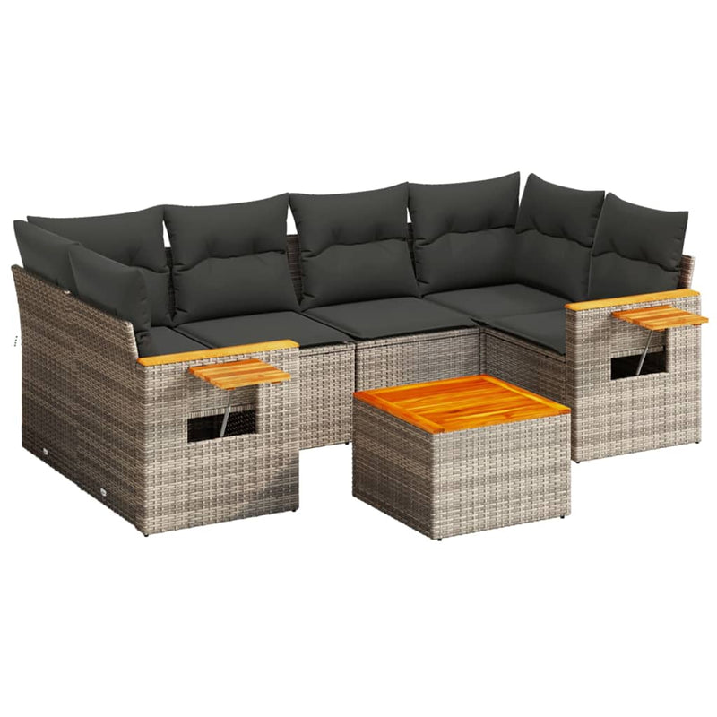 7-delige Loungeset met kussens poly rattan grijs