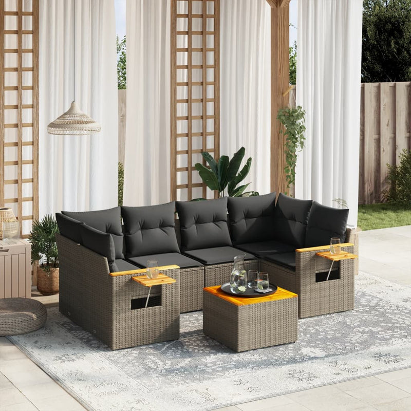 7-delige Loungeset met kussens poly rattan grijs