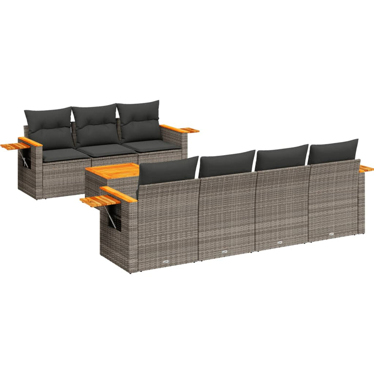 8-delige Loungeset met kussens poly rattan grijs