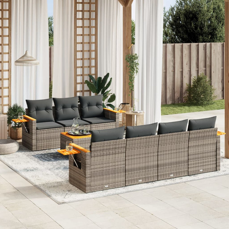 8-delige Loungeset met kussens poly rattan grijs