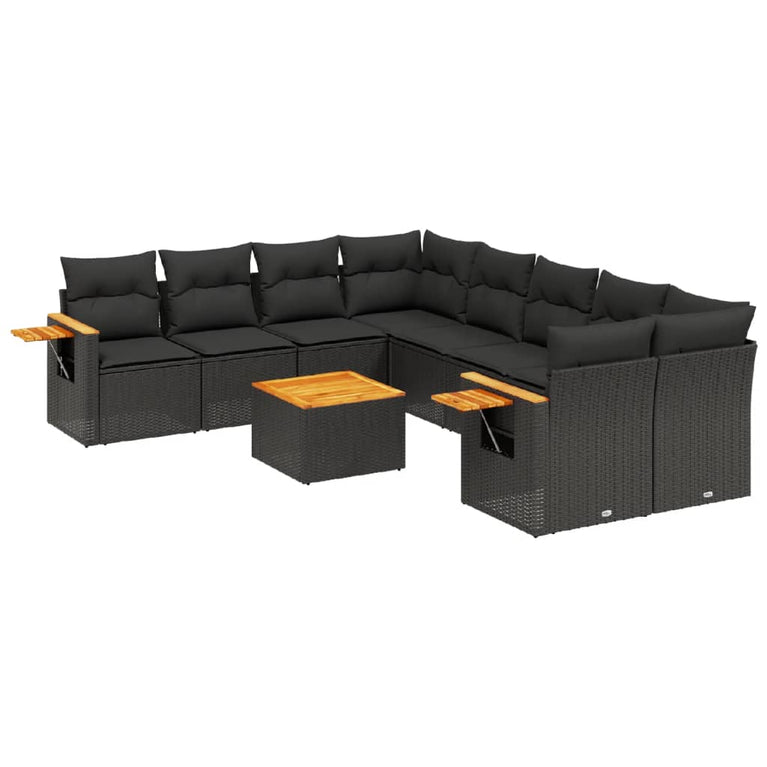 9-delige Loungeset met kussens poly rattan zwart