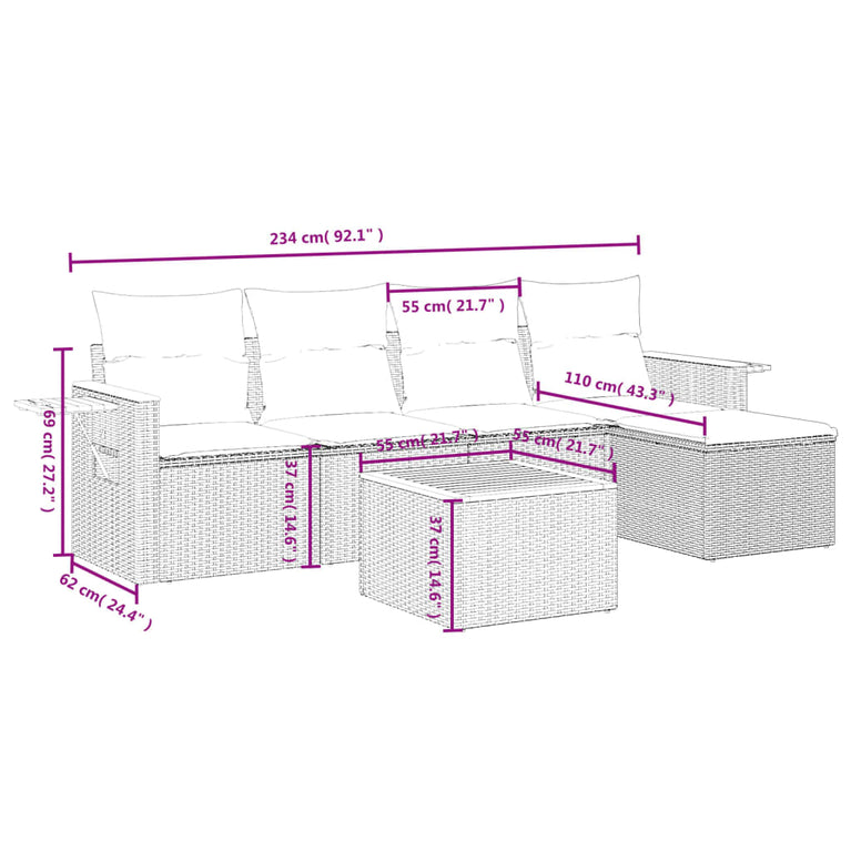 6-delige Loungeset met kussens poly rattan grijs
