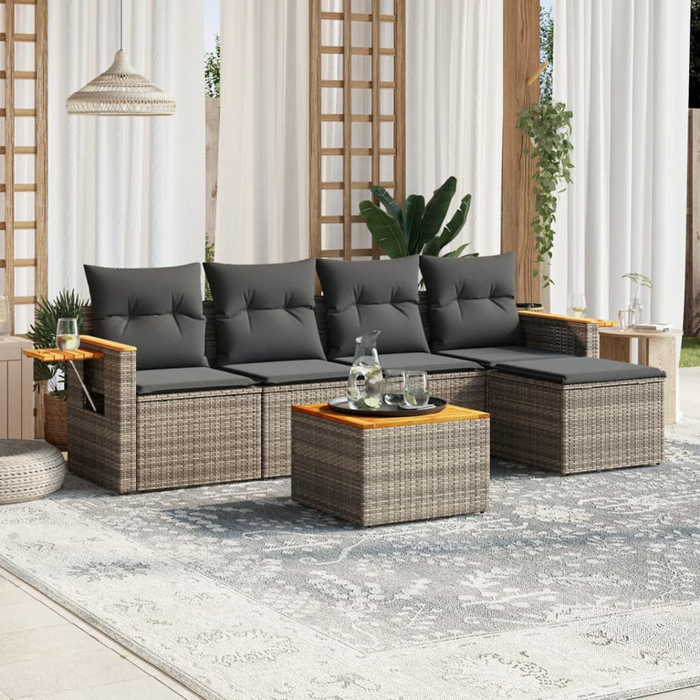 6-delige Loungeset met kussens poly rattan grijs
