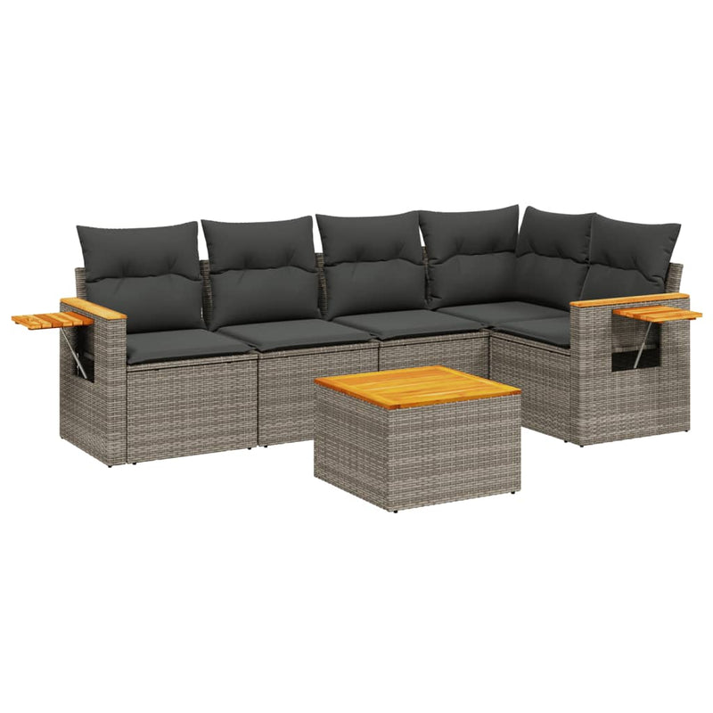 6-delige Loungeset met kussens poly rattan grijs