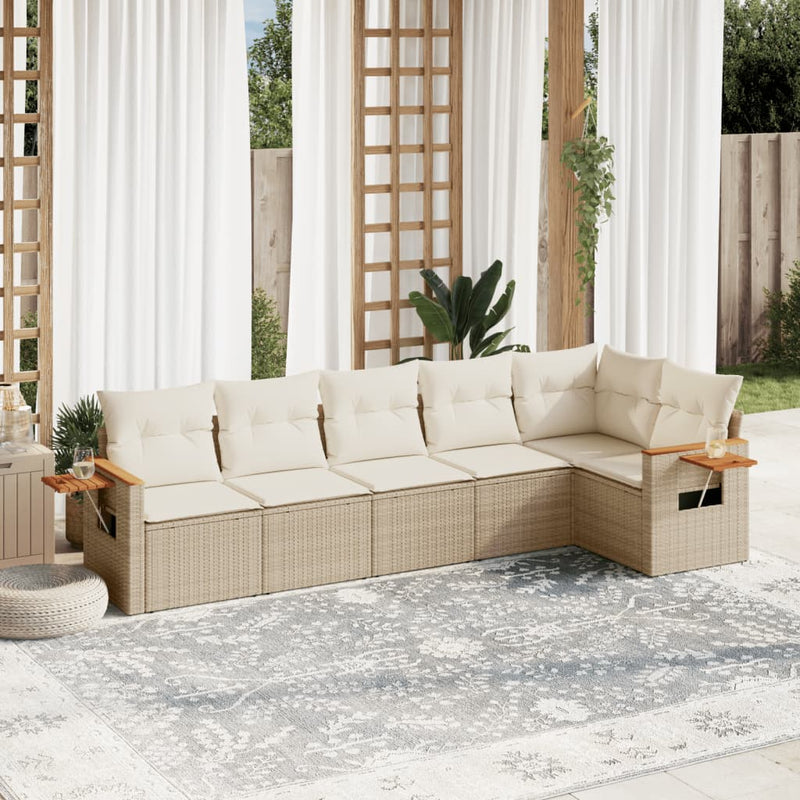 6-delige Loungeset met kussens poly rattan beige
