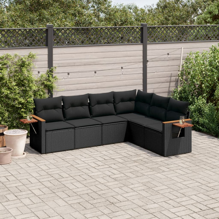 6-delige Loungeset met kussens poly rattan zwart