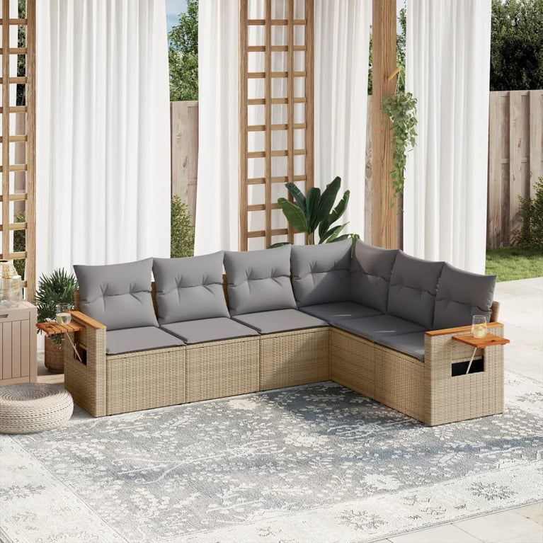 6-delige Loungeset met kussens poly rattan beige