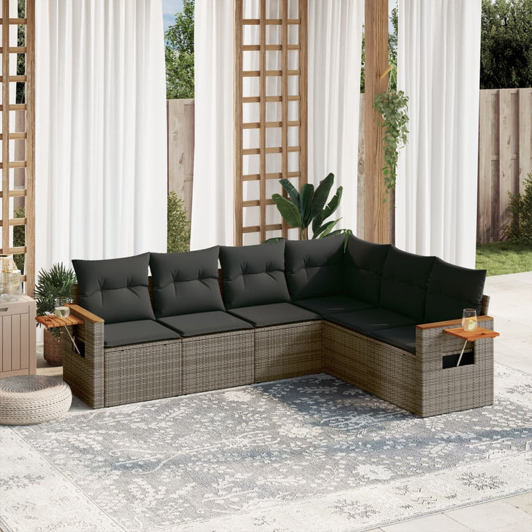 6-delige Loungeset met kussens poly rattan grijs
