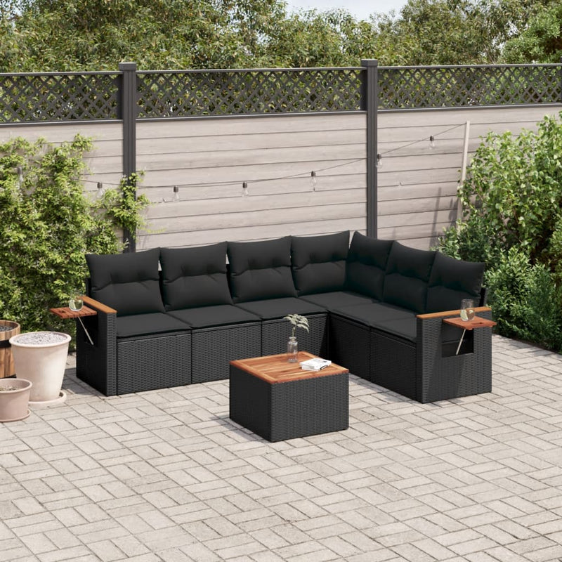 7-delige Loungeset met kussens poly rattan zwart