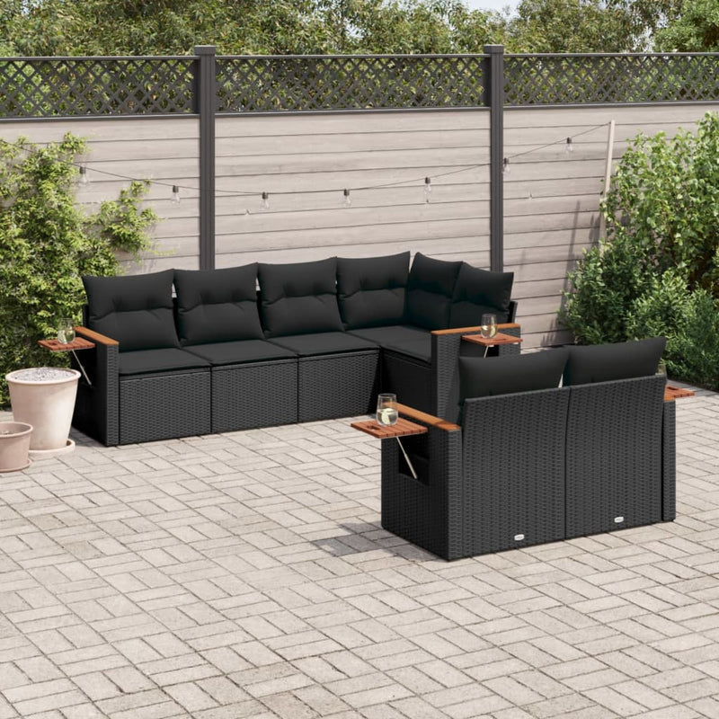 7-delige Loungeset met kussens poly rattan zwart