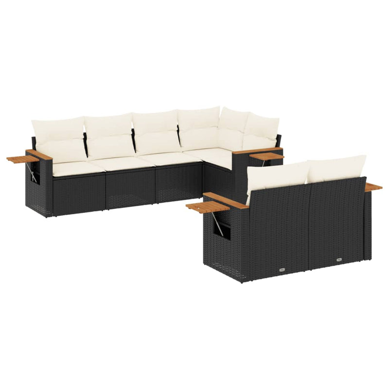 7-delige Loungeset met kussens poly rattan zwart