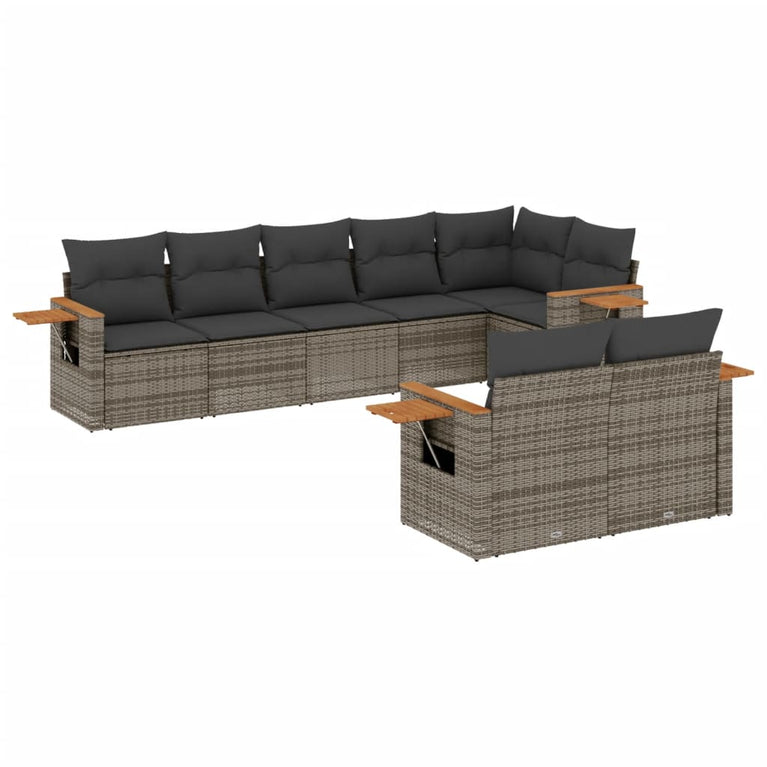 8-delige Loungeset met kussens poly rattan grijs