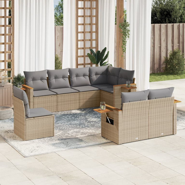 8-delige Loungeset met kussens poly rattan beige