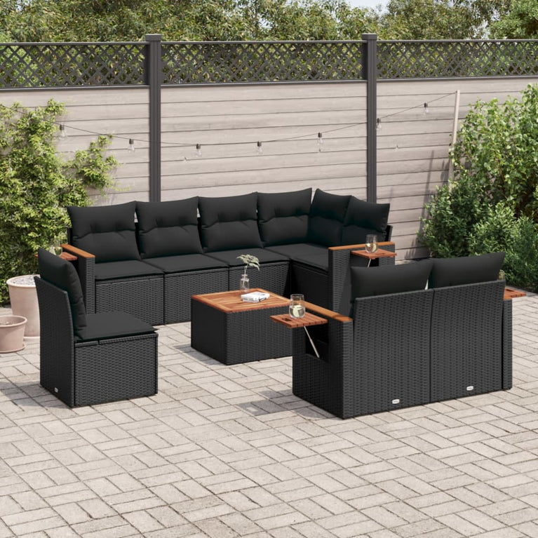 9-delige Loungeset met kussens poly rattan zwart