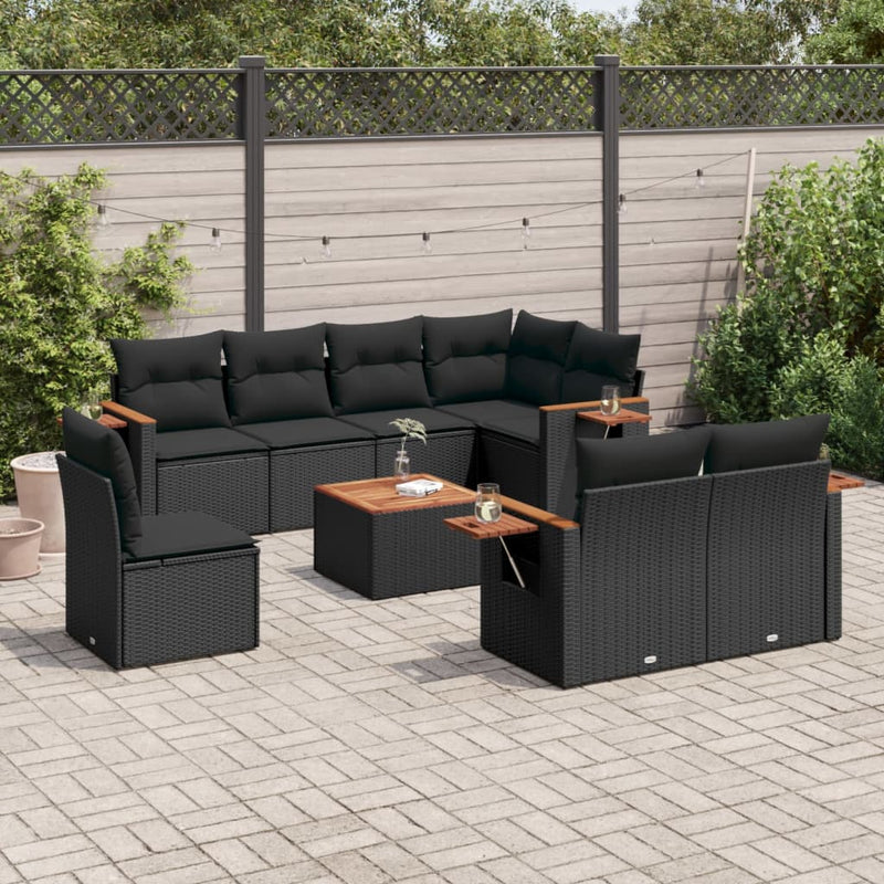 9-delige Loungeset met kussens poly rattan zwart