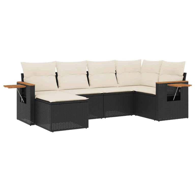 6-delige Loungeset met kussens poly rattan zwart