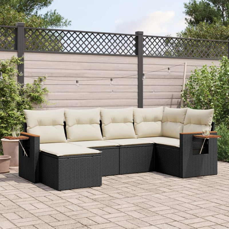 6-delige Loungeset met kussens poly rattan zwart