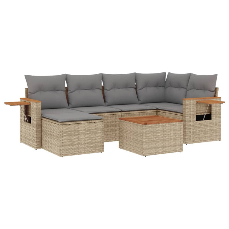 7-delige Loungeset met kussens poly rattan beige