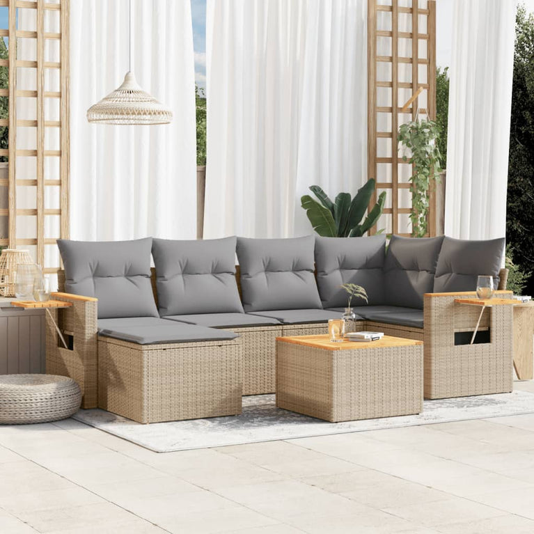7-delige Loungeset met kussens poly rattan beige