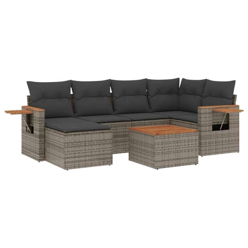7-delige Loungeset met kussens poly rattan grijs