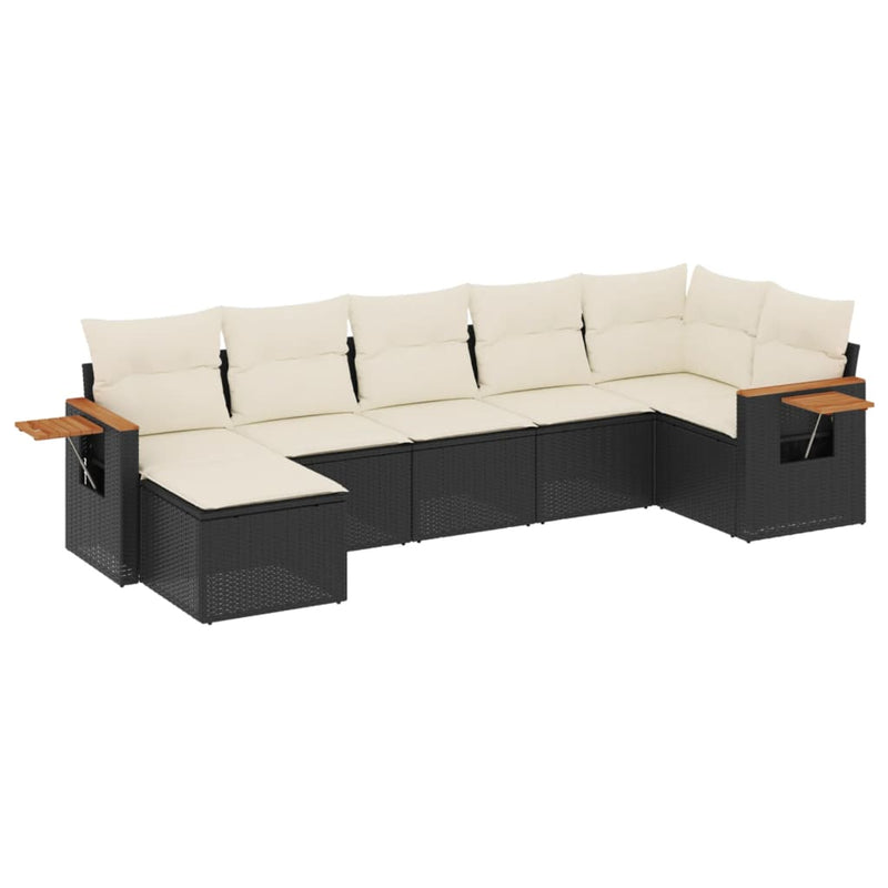 7-delige Loungeset met kussens poly rattan zwart
