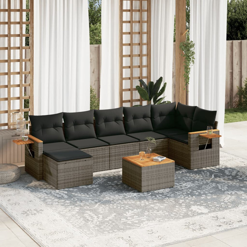 8-delige Loungeset met kussens poly rattan grijs