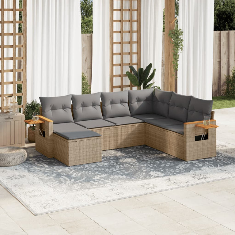 7-delige Loungeset met kussens poly rattan beige