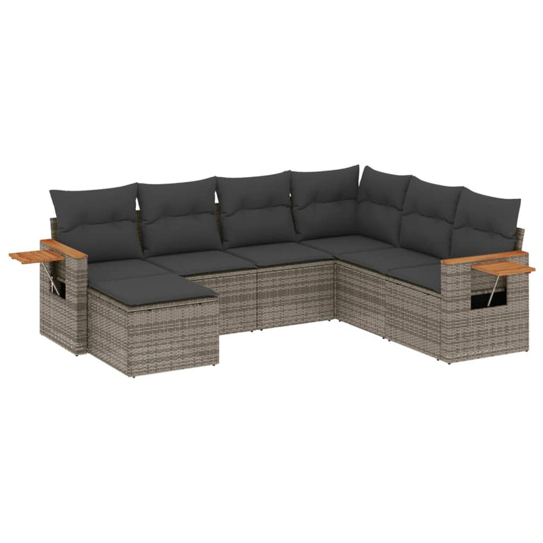 7-delige Loungeset met kussens poly rattan grijs