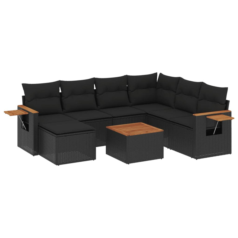 8-delige Loungeset met kussens poly rattan zwart