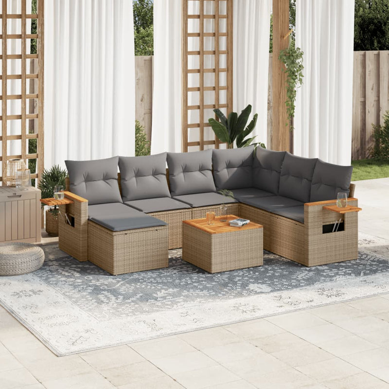 8-delige Loungeset met kussens poly rattan beige