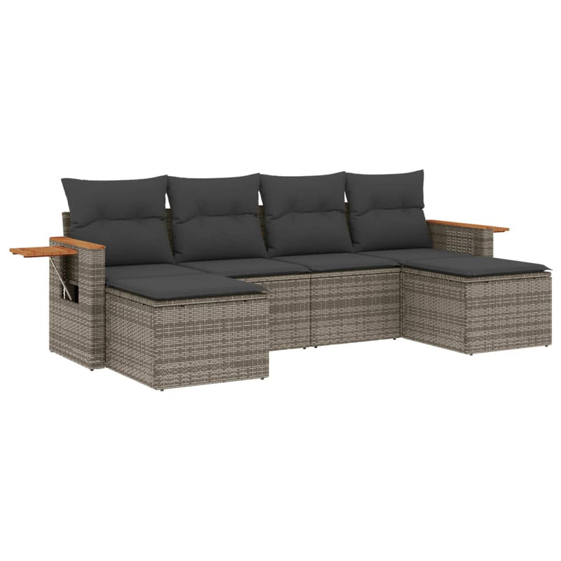 6-delige Loungeset met kussens poly rattan grijs