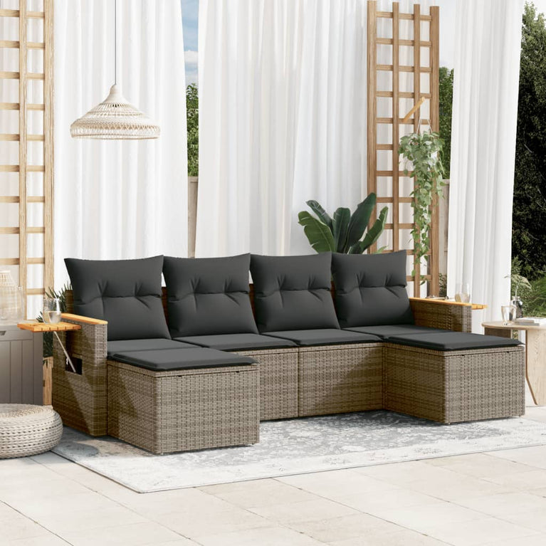 6-delige Loungeset met kussens poly rattan grijs