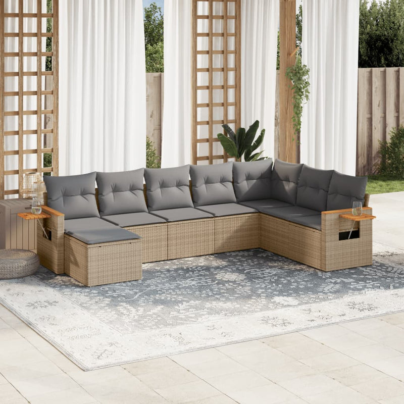 8-delige Loungeset met kussens poly rattan beige