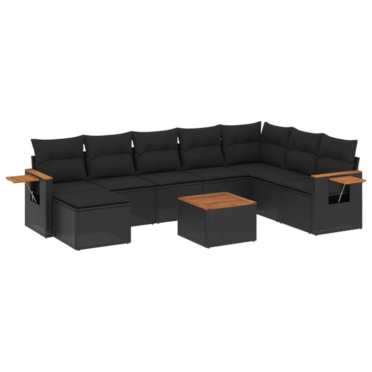 9-delige Loungeset met kussens poly rattan zwart