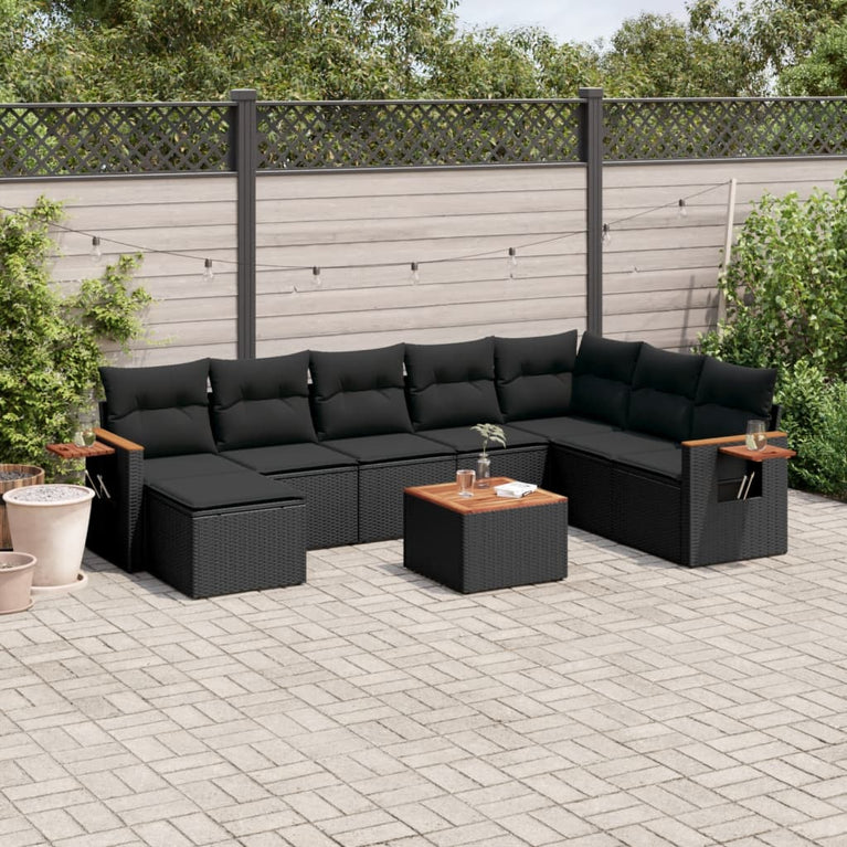 9-delige Loungeset met kussens poly rattan zwart
