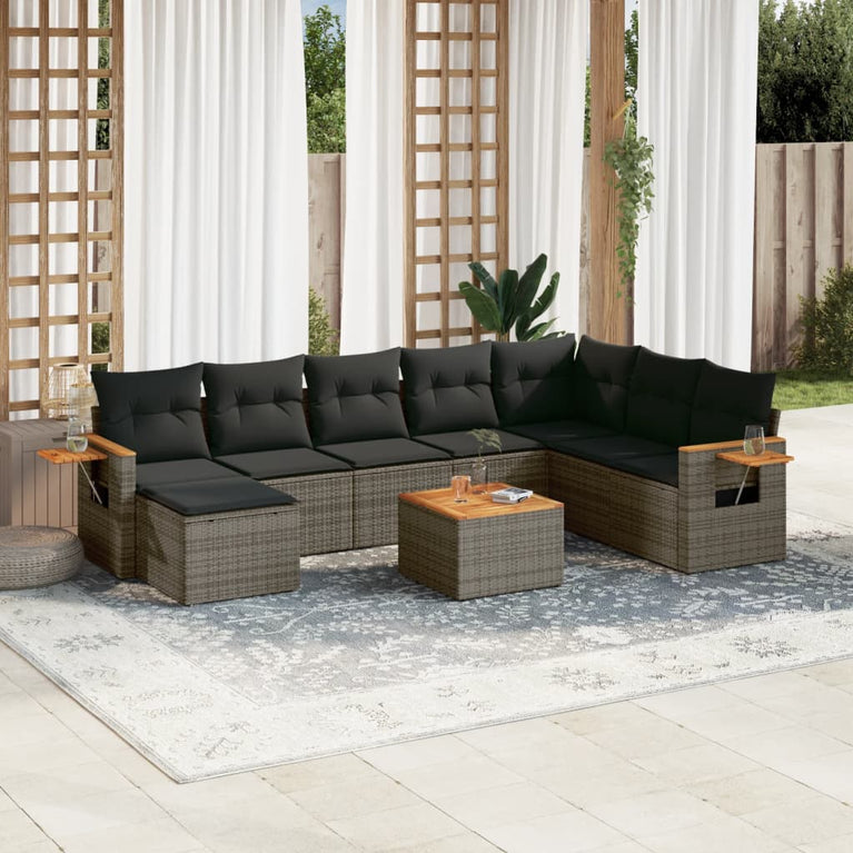 9-delige Loungeset met kussens poly rattan grijs