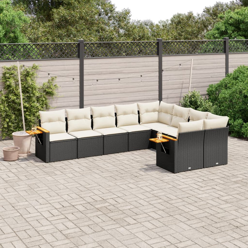 9-delige Loungeset met kussens poly rattan zwart
