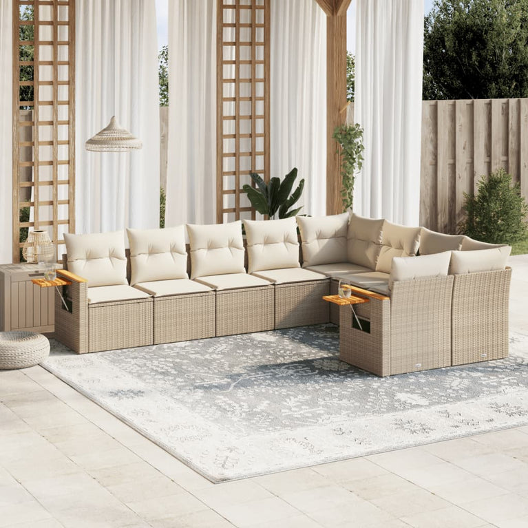 9-delige Loungeset met kussens poly rattan beige